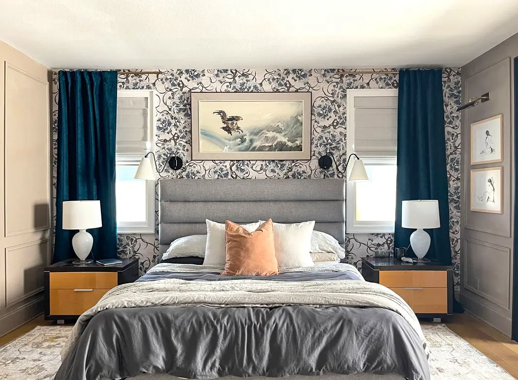 Residential wallpaper installation in an elegant bedroom